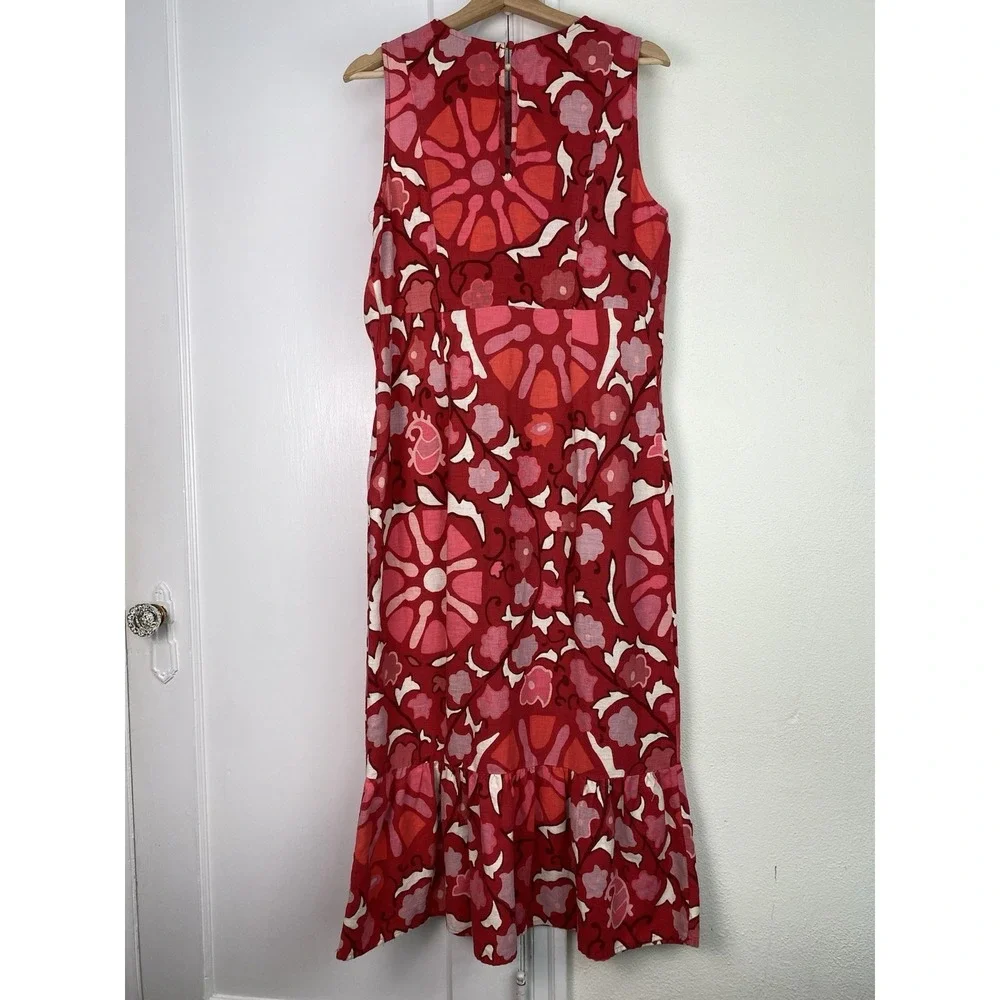 Rhode Womens 12 Red Pink White Floral Sleeveless Linen Blend Ruffle Sheath Dress
